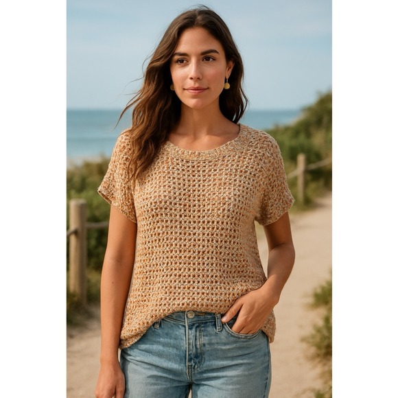 Cabi Loose Open Knit Multicolor Short Sleeve Sweater L Marled Sorbet Coastal - Picture 1 of 8